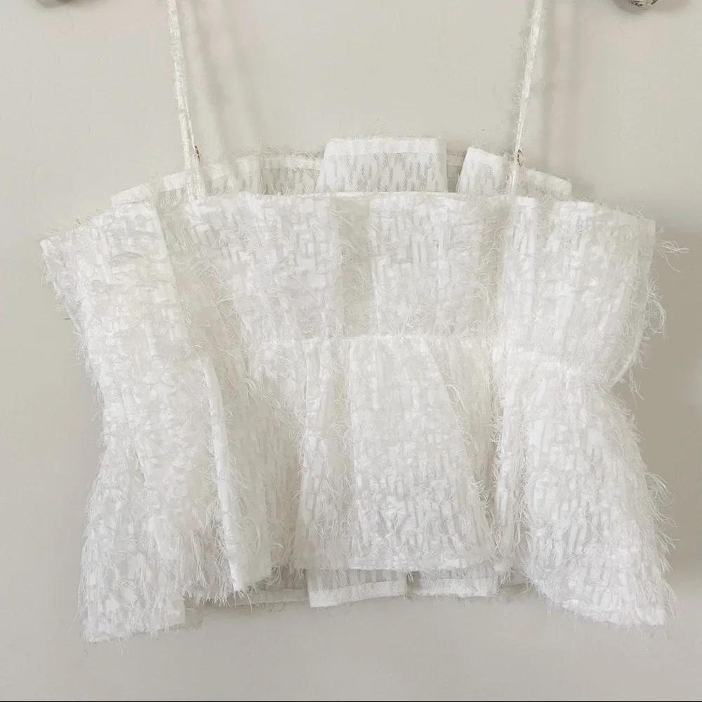 Zara White Crop Top Textured Fringe Top - Picture 7 of 16